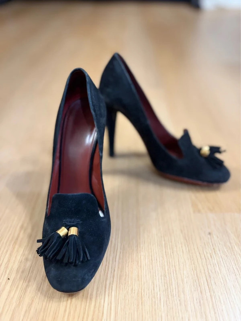 Women’s Gucci Black Suede Tassel Pumps Heels Size 37.5 Made in Italy